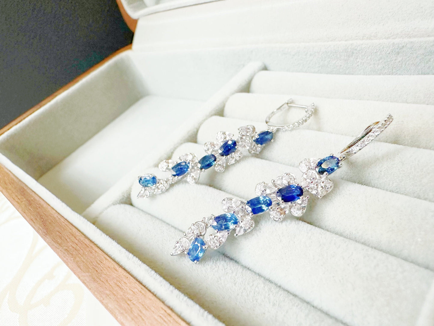 Certified Royal Blue Sapphire in Diamond, White Sapphire, 18K White Gold Long Earrings