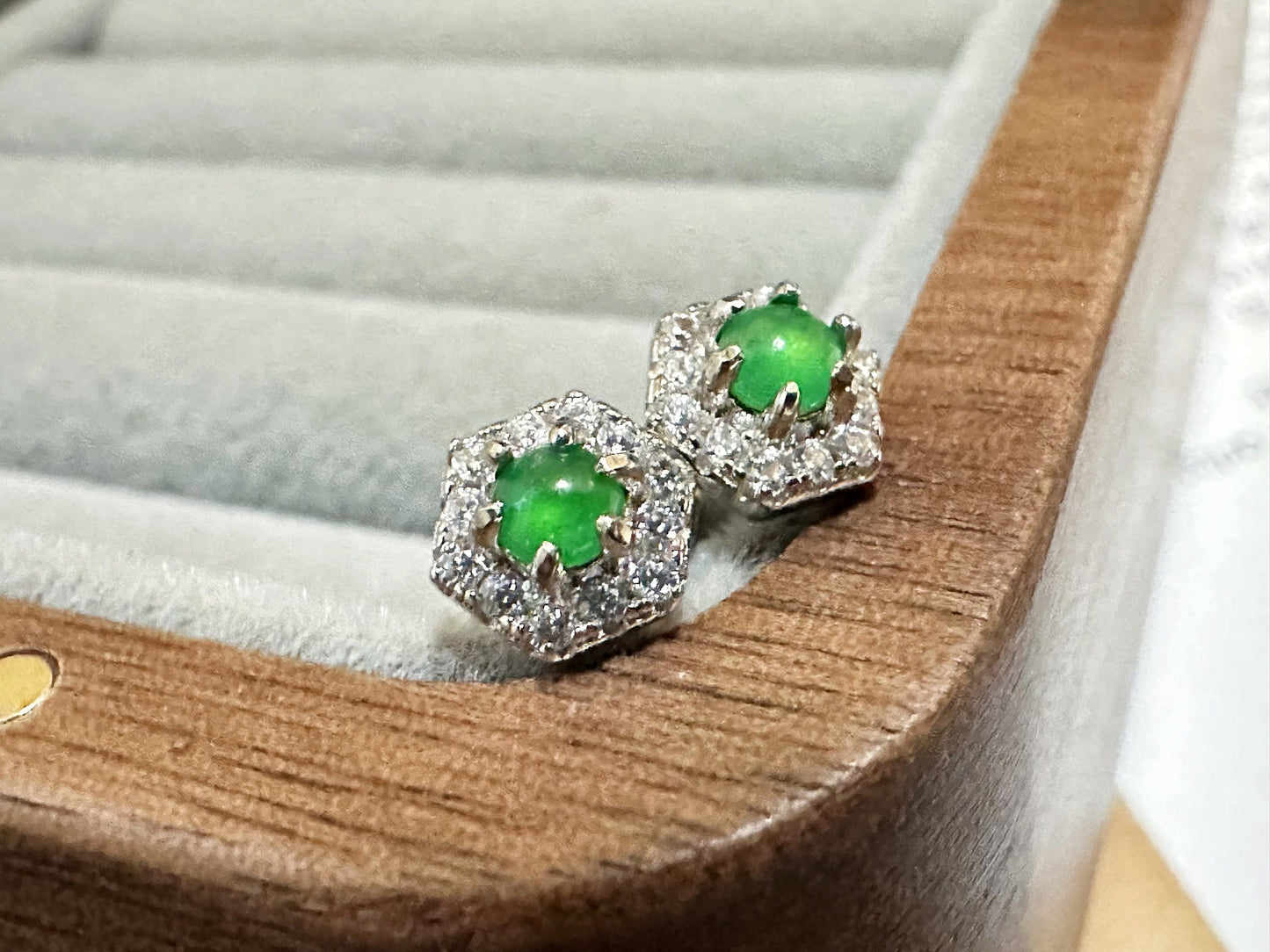 Imperial Green Jadeite Earrings: Sterling Silver Hexagon Studs