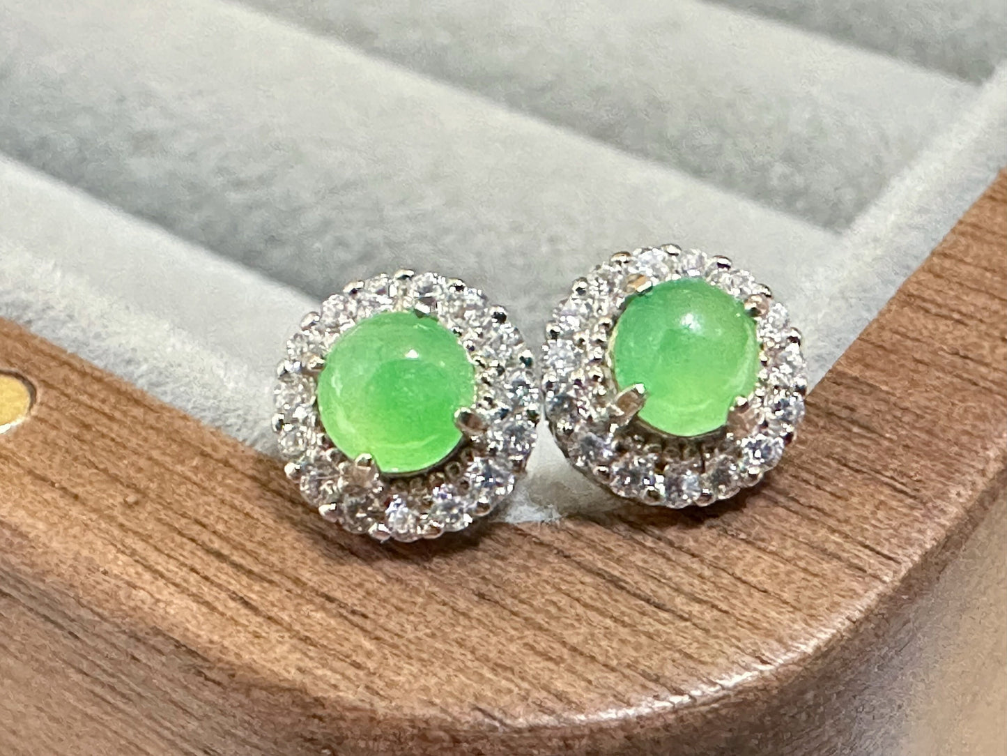 A-Grade Type A Natural Myanmar Icy Apple Green Jadeite Jade Cabochons Ear Studs, set in 925 Sterling Silver and Zircons, Halo ear studs