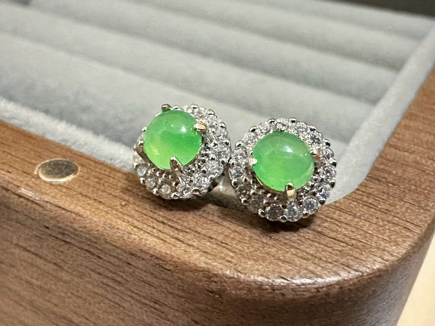 A-Grade Type A Natural Myanmar Icy Apple Green Jadeite Jade Cabochons Ear Studs, set in 925 Sterling Silver and Zircons, Halo ear studs