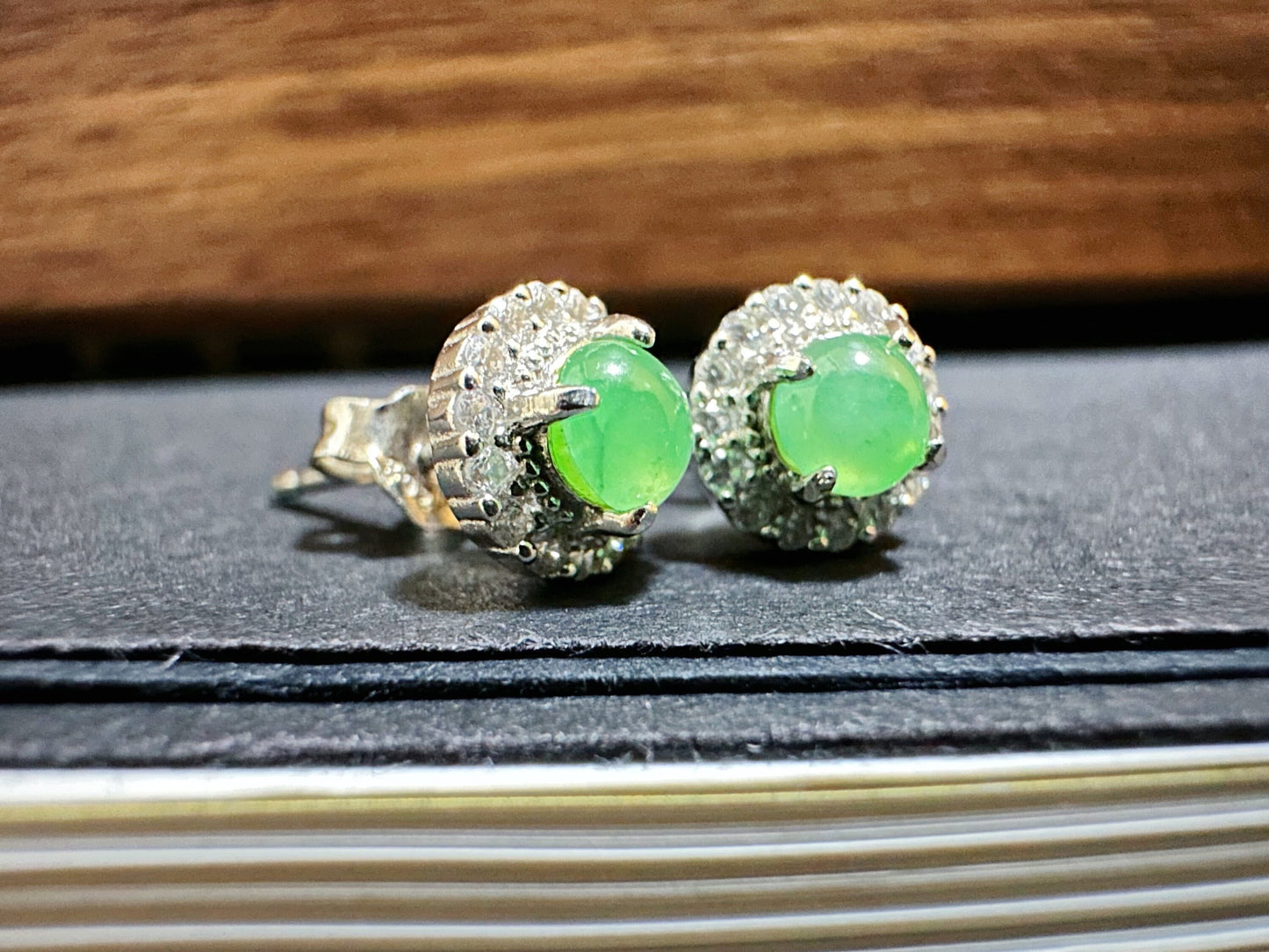 A-Grade Type A Natural Myanmar Icy Apple Green Jadeite Jade Cabochons Ear Studs, set in 925 Sterling Silver and Zircons, Halo ear studs