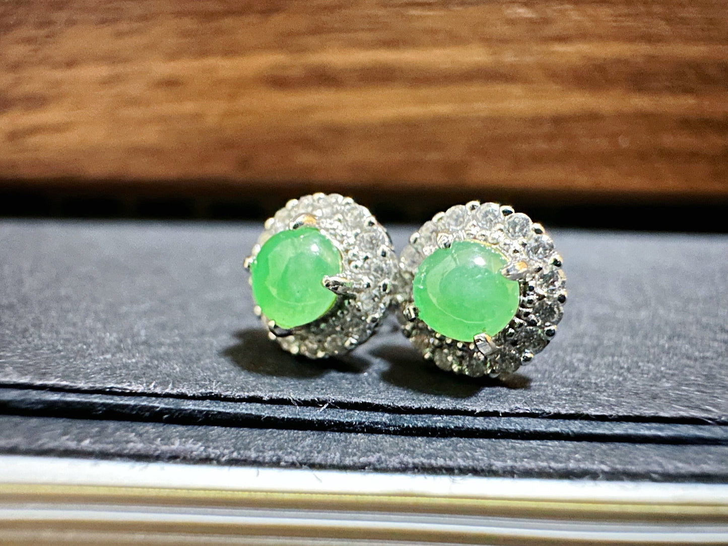 A-Grade Type A Natural Myanmar Icy Apple Green Jadeite Jade Cabochons Ear Studs, set in 925 Sterling Silver and Zircons, Halo ear studs