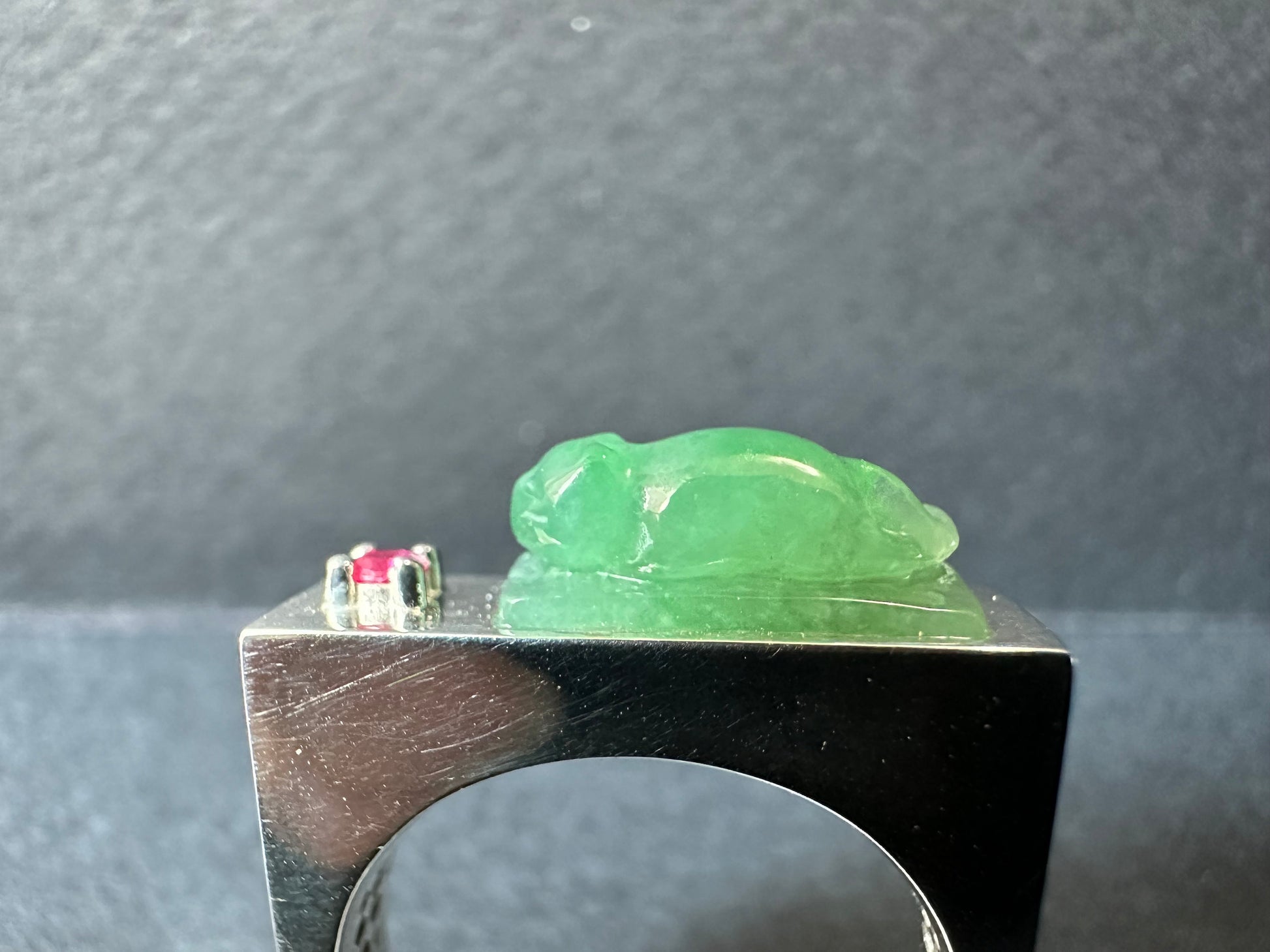 Natural Myanmar Green Jade Cat Silver Ring
