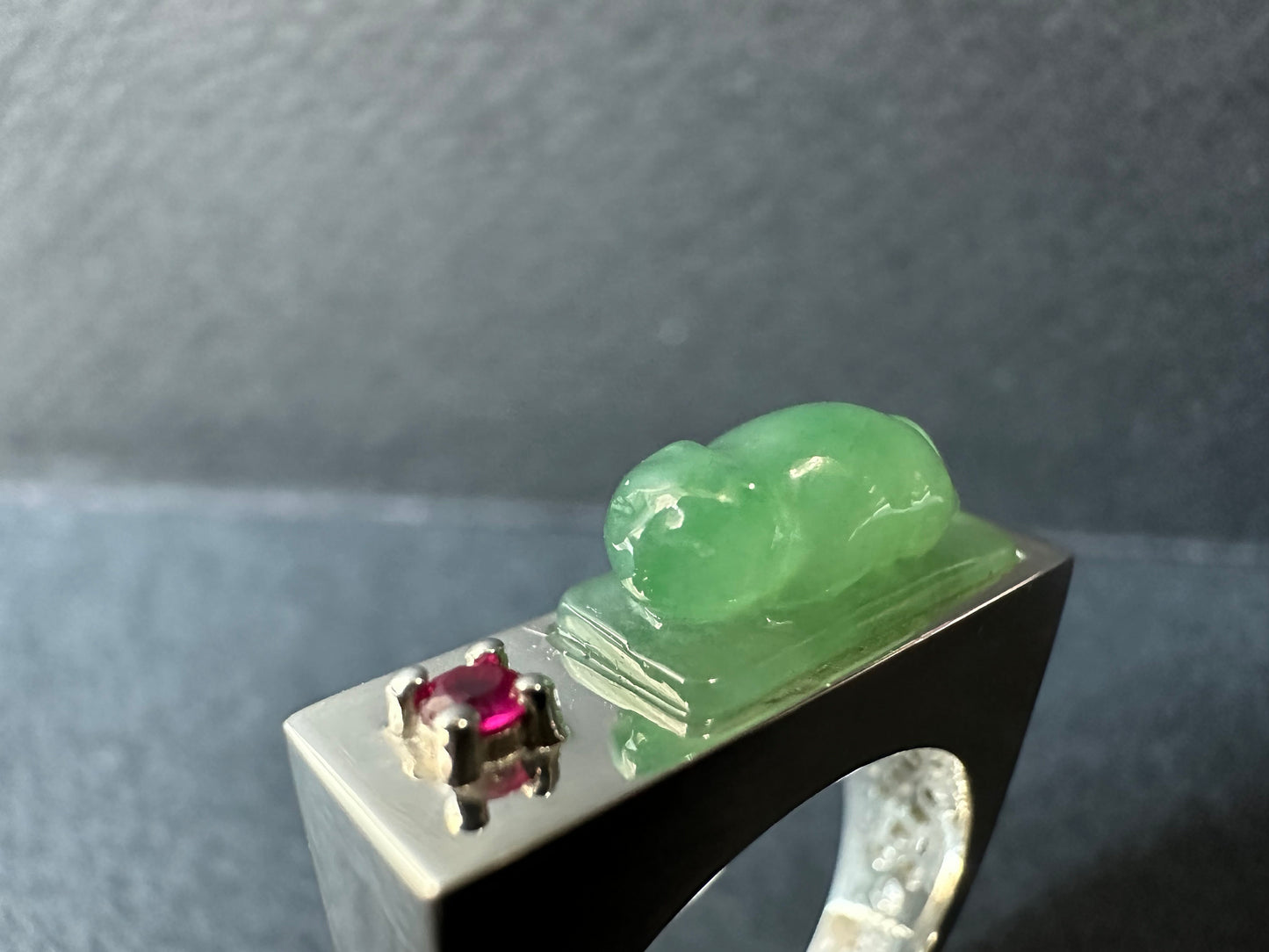Natural Myanmar Green Jade Cat Silver Ring