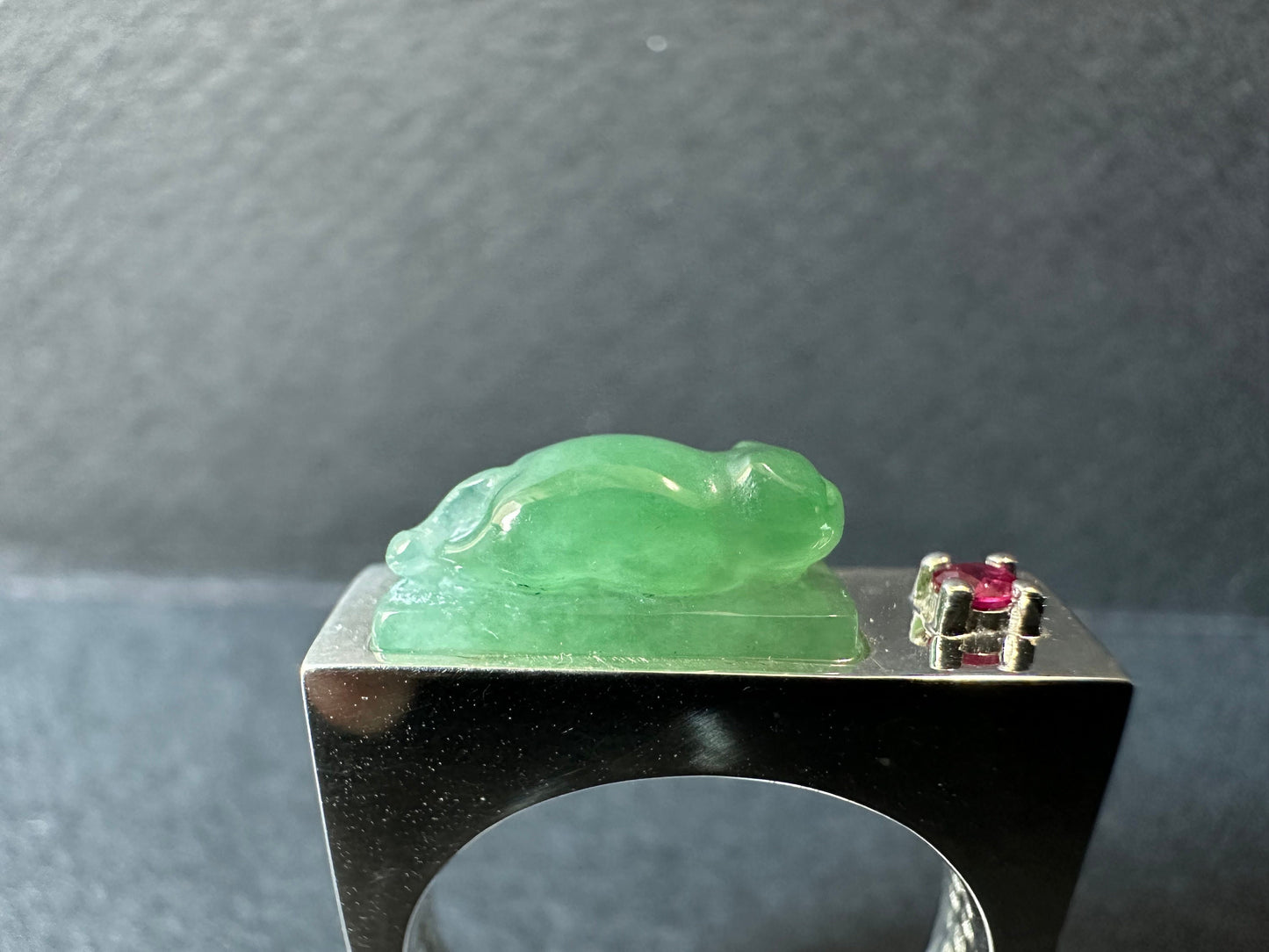 Natural Myanmar Green Jade Cat Silver Ring