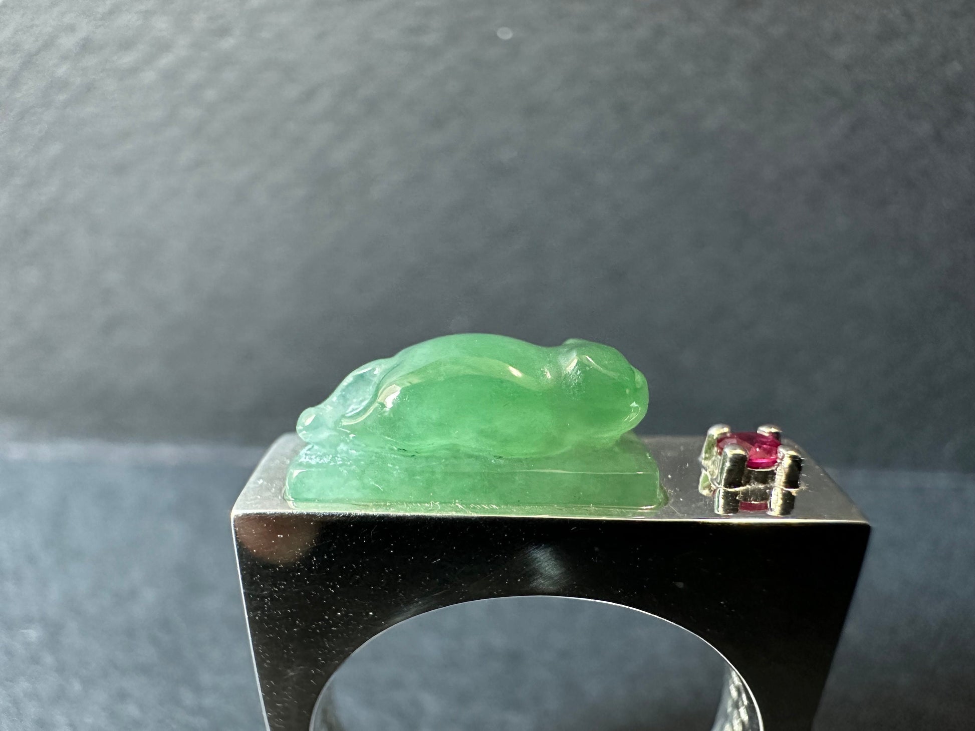 Natural Myanmar Green Jade Cat Silver Ring