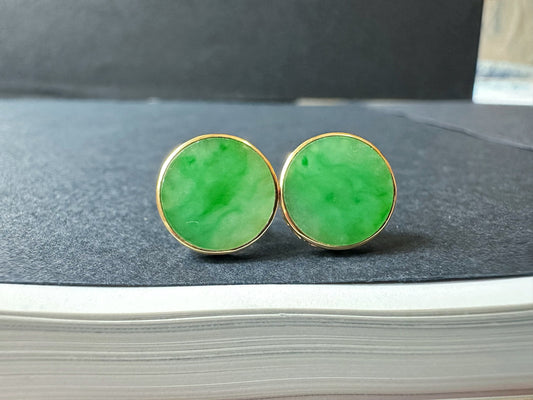 Natural Myanmar Imperial Green Icy Type Round Jadeite Earrings in 18K Gold Simple Round Jade Ear Studs