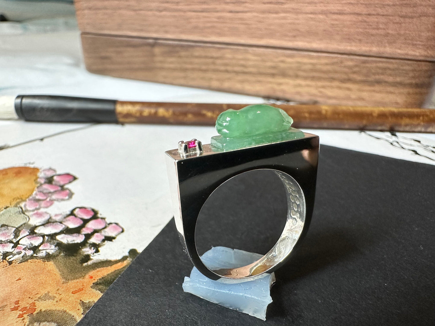 Natural Myanmar Green Jade Cat Silver Ring
