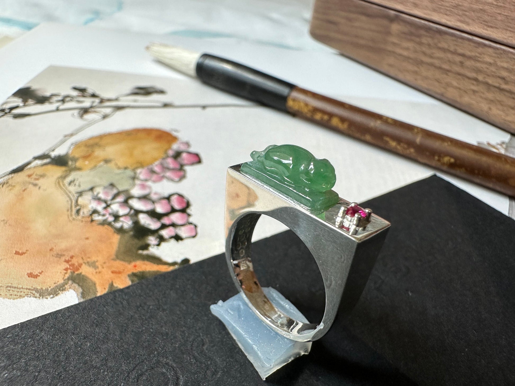Natural Myanmar Green Jade Cat Silver Ring