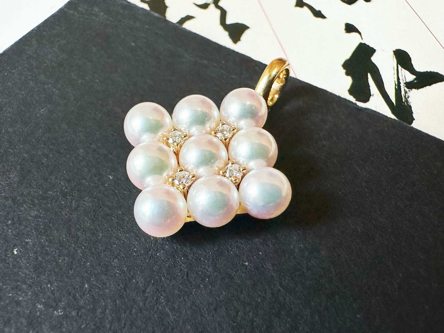 AAAA Grade Japan Akoya Pearl Mirror Like Pendant, Pearl Pendant with Diamonds in 18K Gold, Excellent Lustre Akoya Pearls