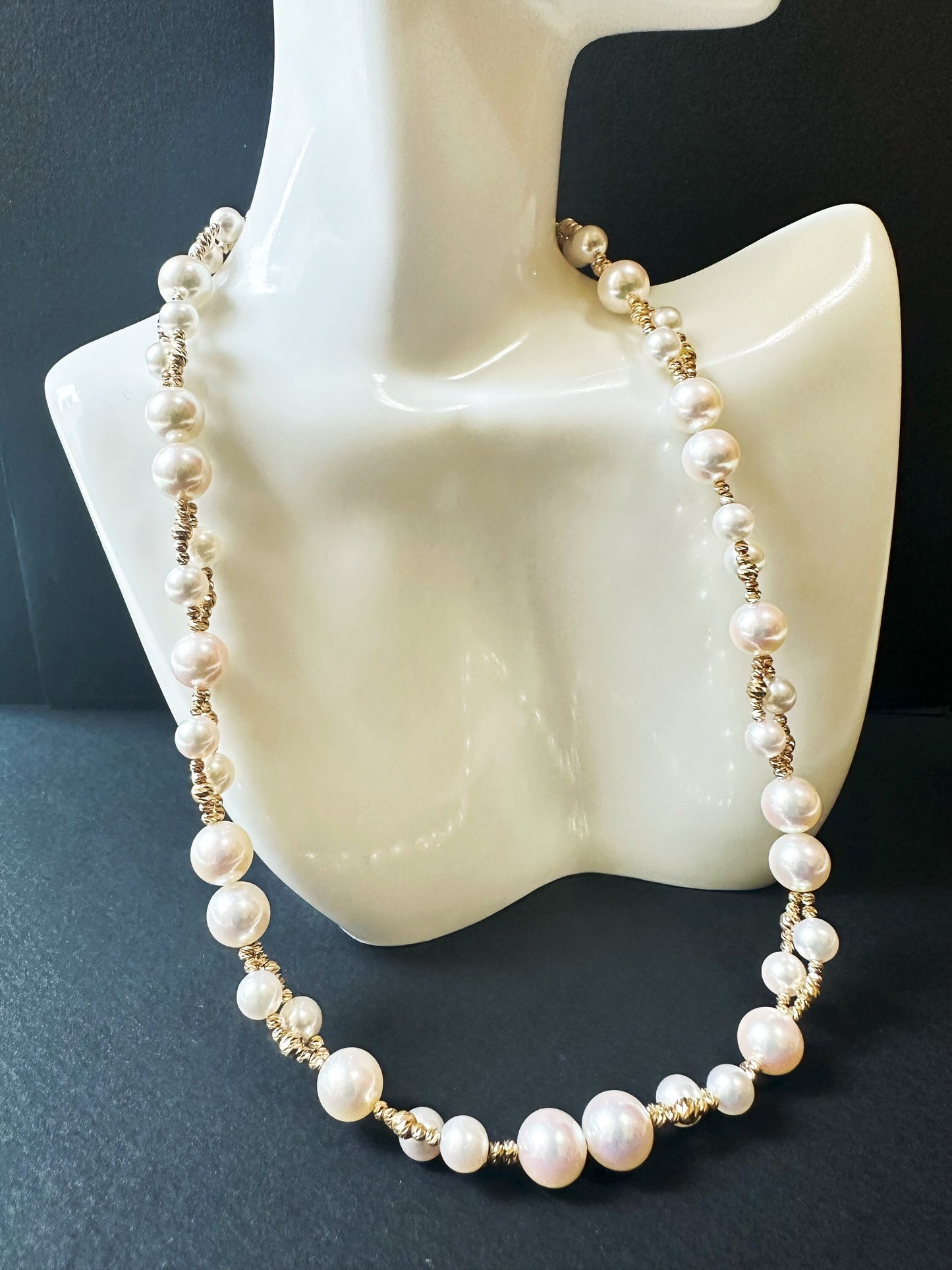 AAAA Grade Mirror Like 5.5 - 8.5 mm Natural White Colour Japan Sea Water Akoya Pearl Necklace, Double Strand with 18K Gold Chain