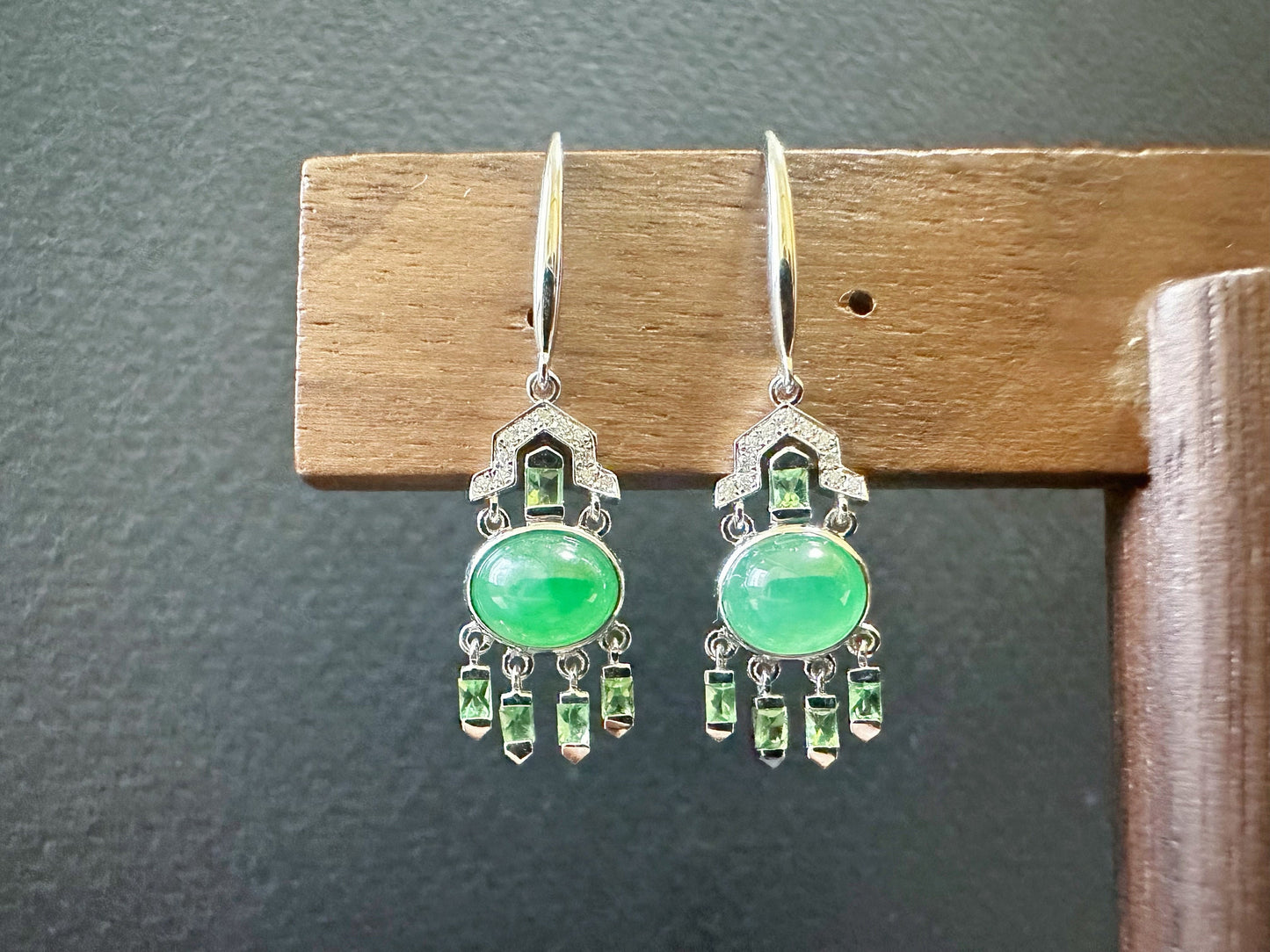 Natural Myanmar Icy Type Green Jade Cabochon Earrings in 18K Gold, Diamond and Tsavorite