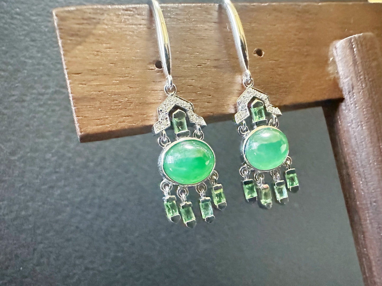 Natural Myanmar Icy Type Green Jade Cabochon Earrings in 18K Gold, Diamond and Tsavorite