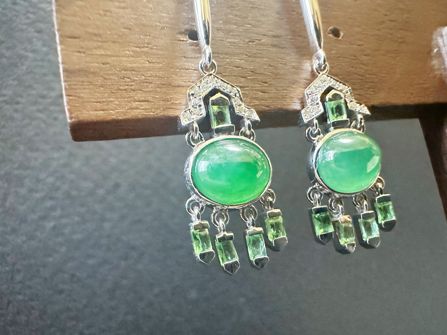 Natural Myanmar Icy Type Green Jade Cabochon Earrings in 18K Gold, Diamond and Tsavorite