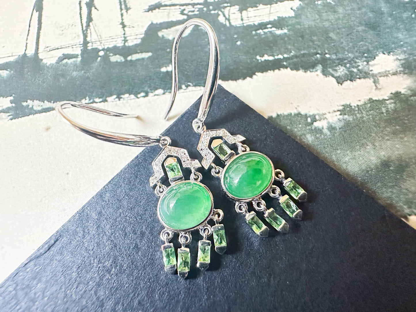 Natural Myanmar Icy Type Green Jade Cabochon Earrings in 18K Gold, Diamond and Tsavorite