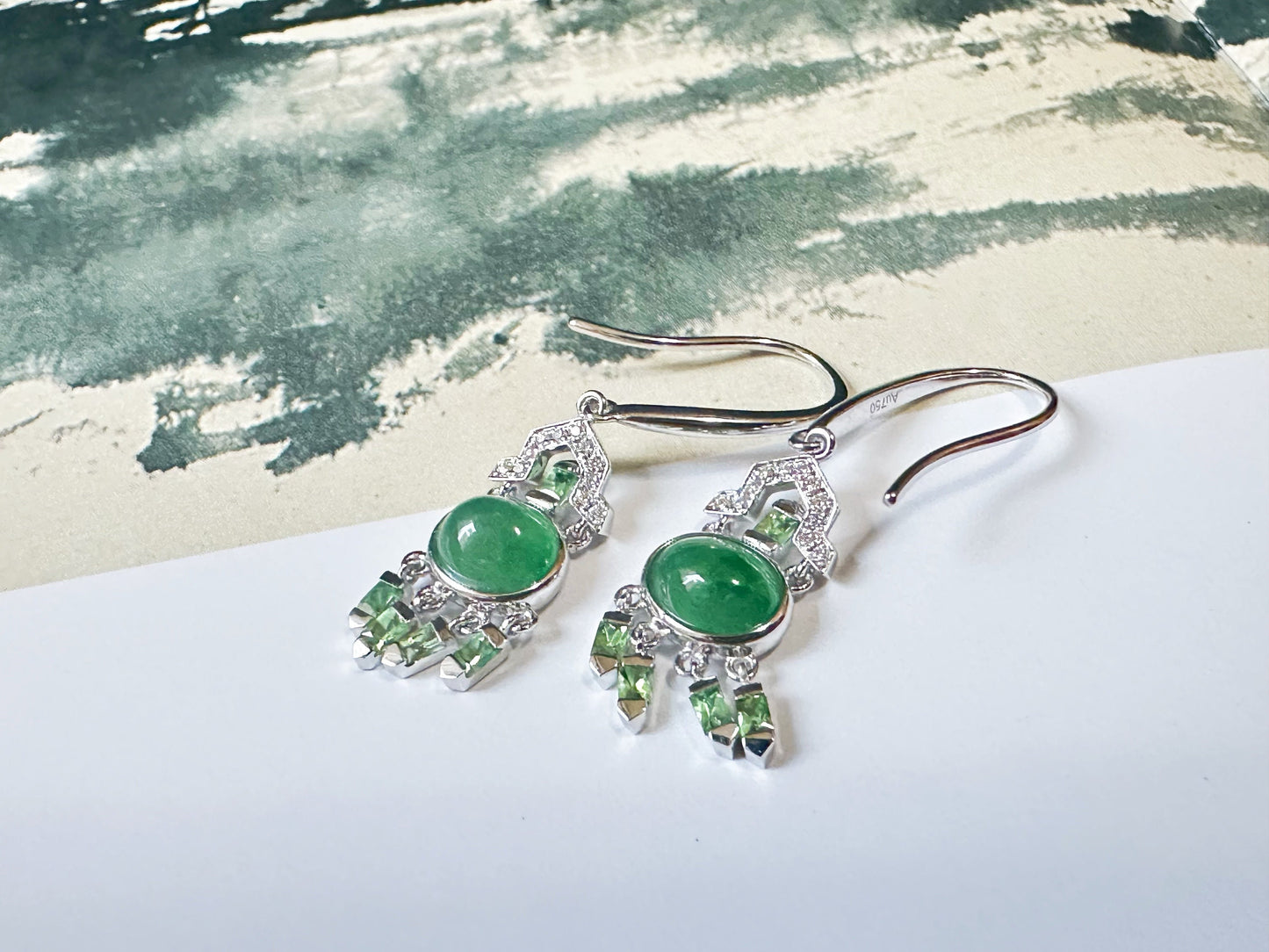 Natural Myanmar Icy Type Green Jade Cabochon Earrings in 18K Gold, Diamond and Tsavorite