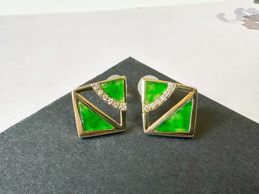 Natural Myanmar Geometric Triangular Jade 18K Gold Diamond Earrings