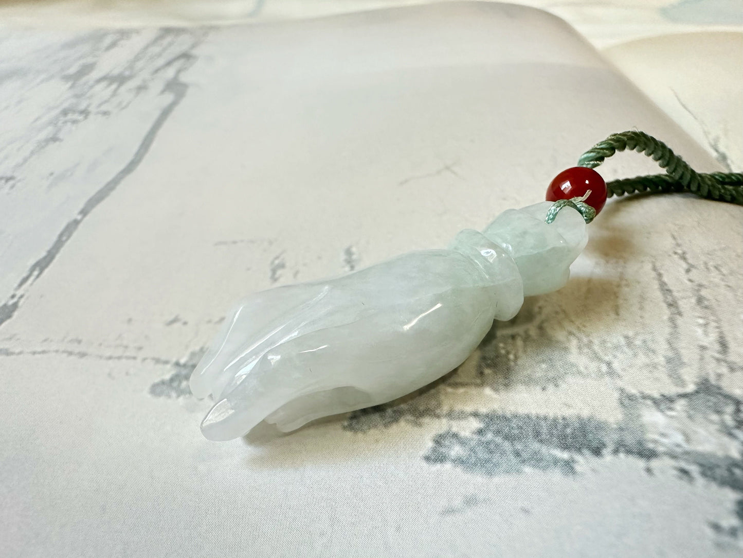 Natural Myanmar Buddha Hand White Jade with Green Tint Pendant Necklace