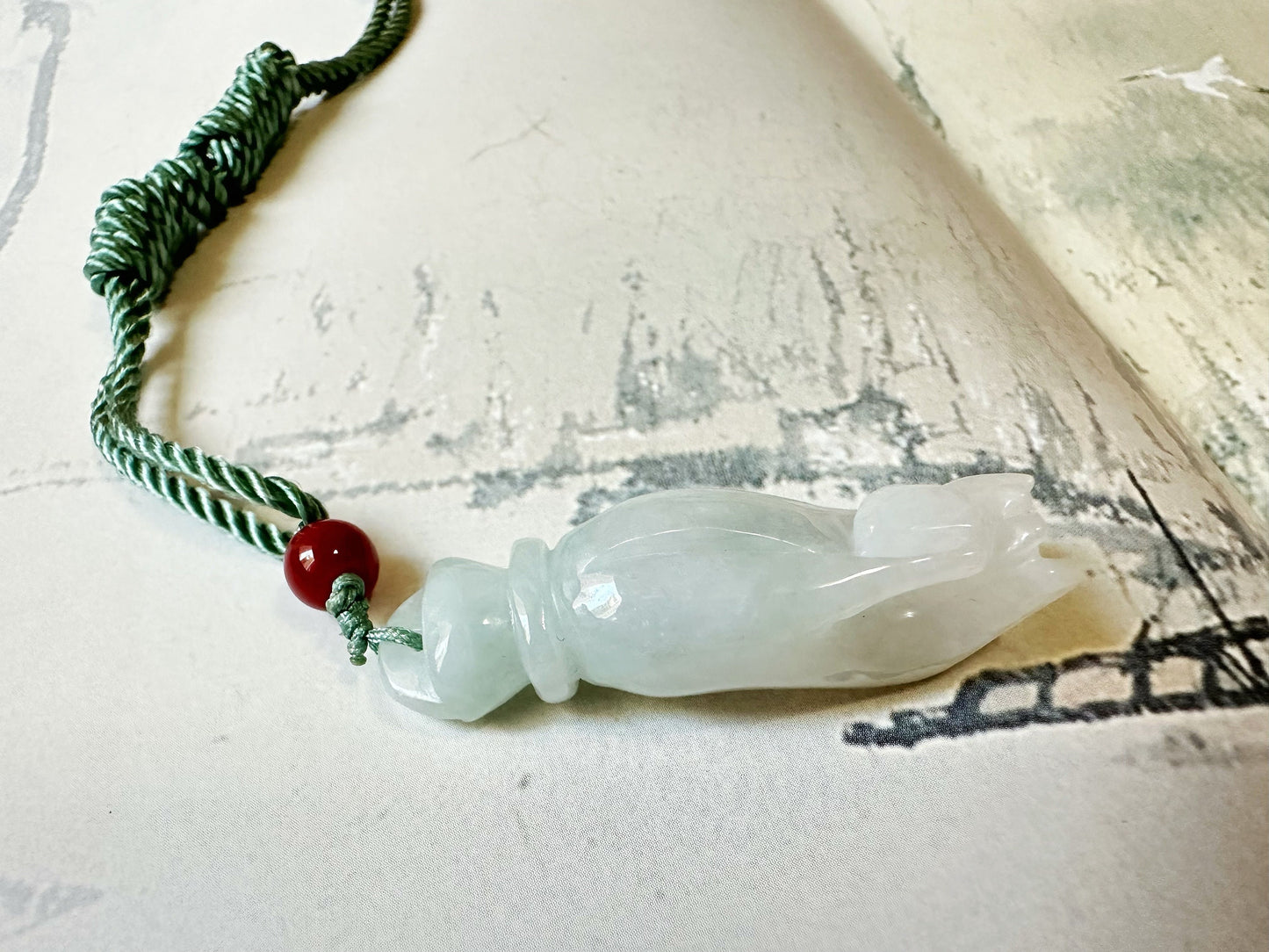 Natural Myanmar Buddha Hand White Jade with Green Tint Pendant Necklace