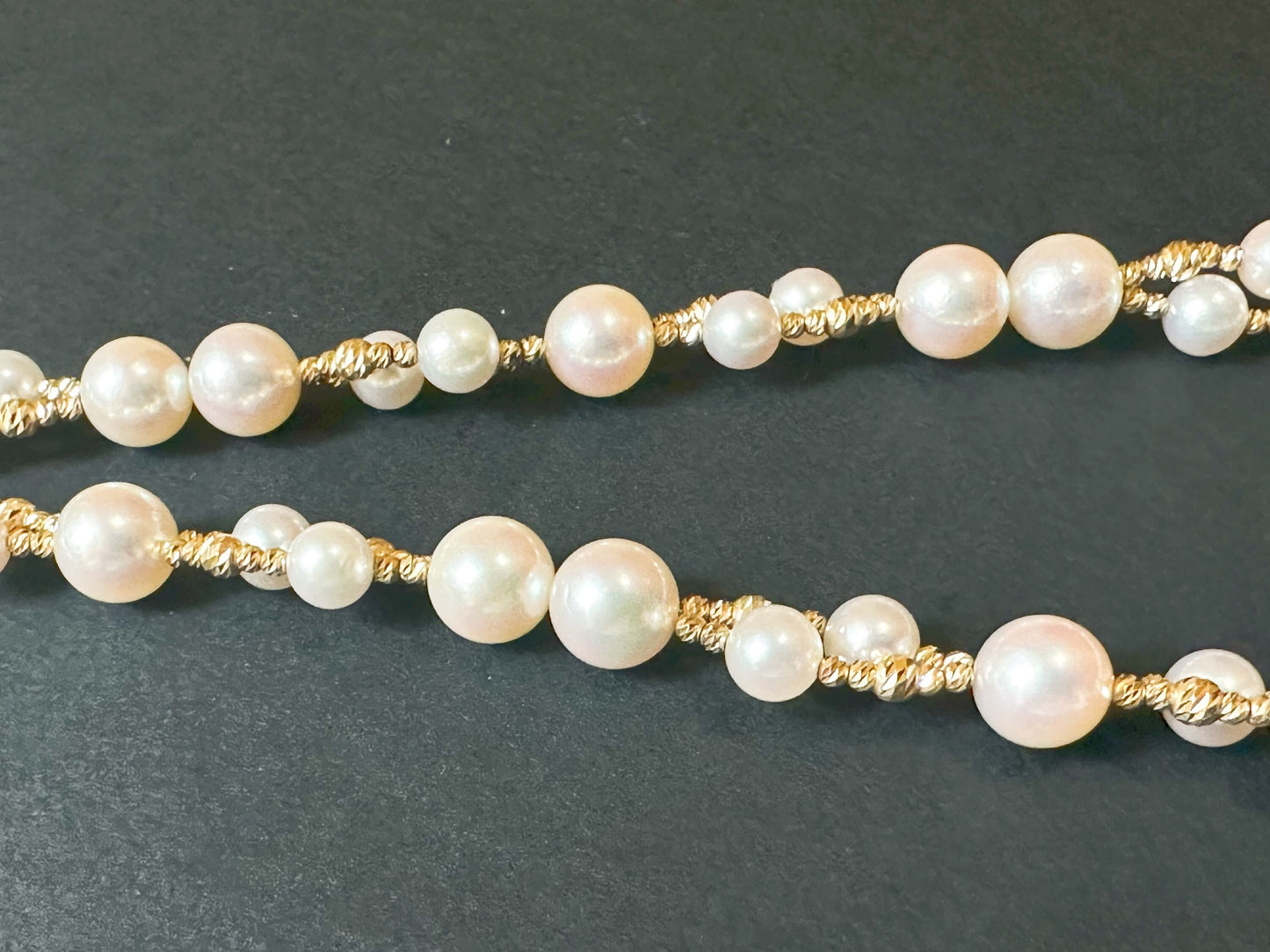 AAAA Grade Mirror Like 5.5 - 8.5 mm Natural White Colour Japan Sea Water Akoya Pearl Necklace, Double Strand with 18K Gold Chain