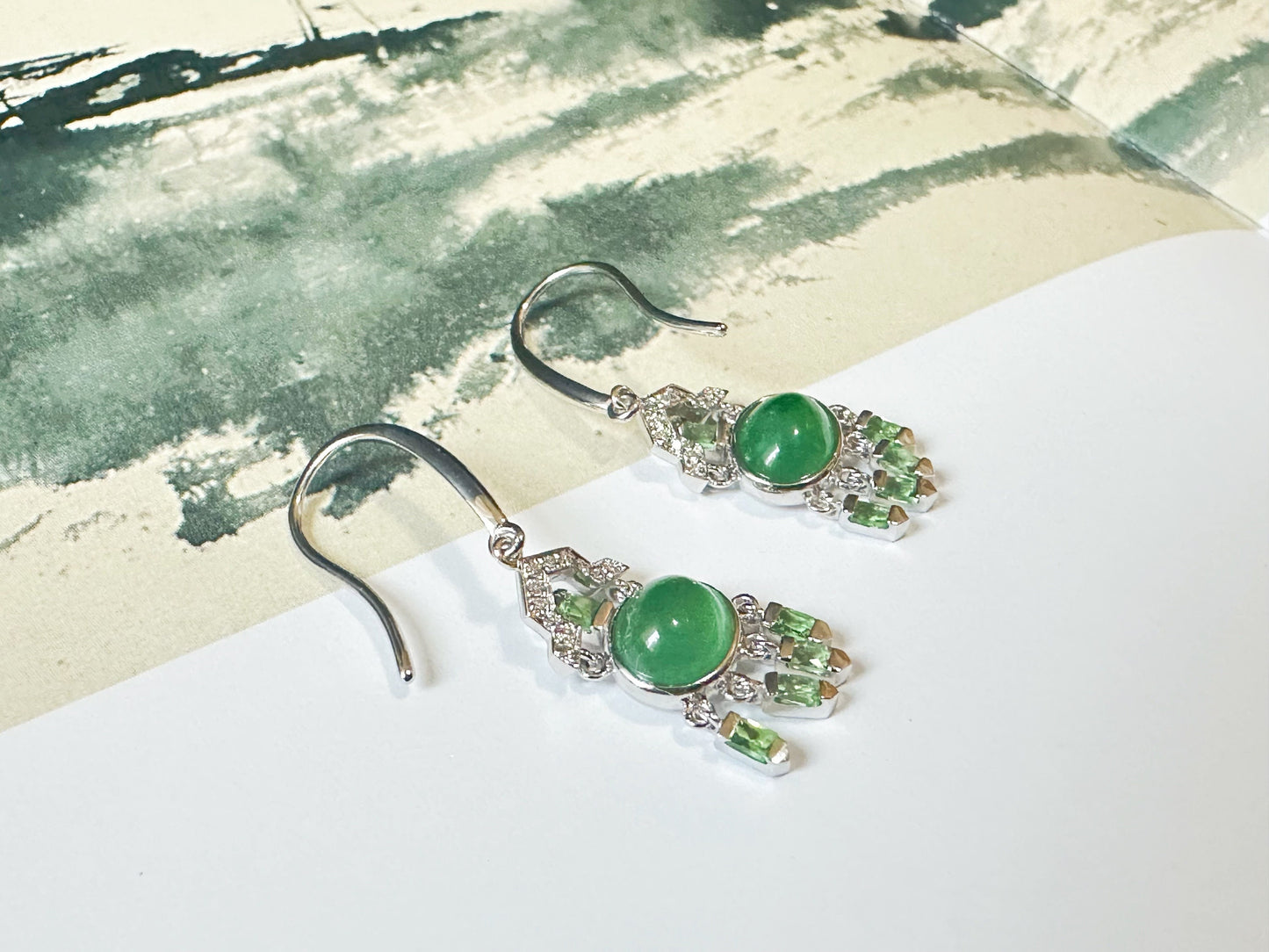 Natural Myanmar Icy Type Green Jade Cabochon Earrings in 18K Gold, Diamond and Tsavorite