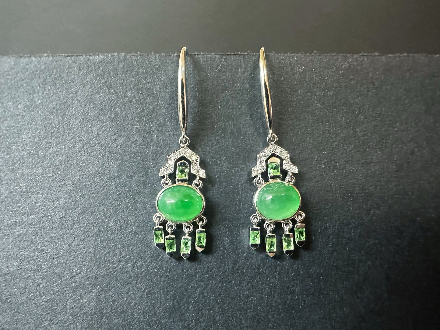 Natural Myanmar Icy Type Green Jade Cabochon Earrings in 18K Gold, Diamond and Tsavorite