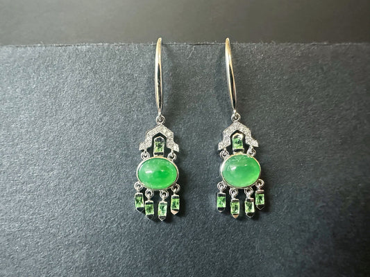 Jade Cabochon 18K White Gold Earrings with Tsavorite