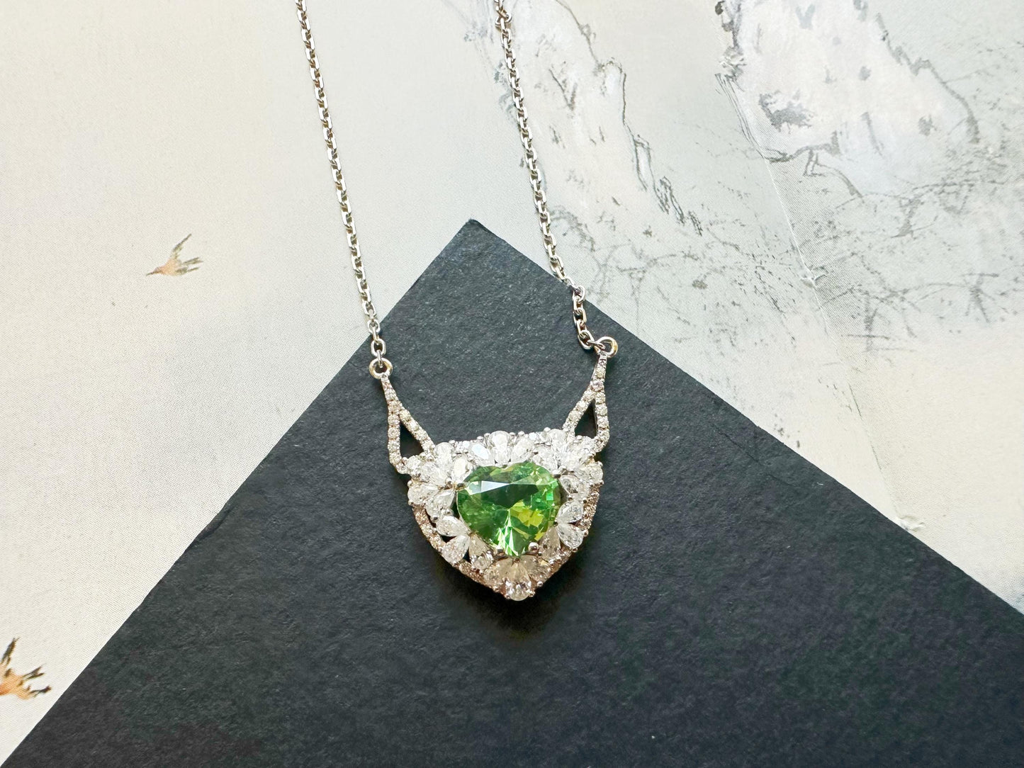 Natural Mint Green Tsavorite Pendant set in 18K White Gold with Moissanites, with Necklace