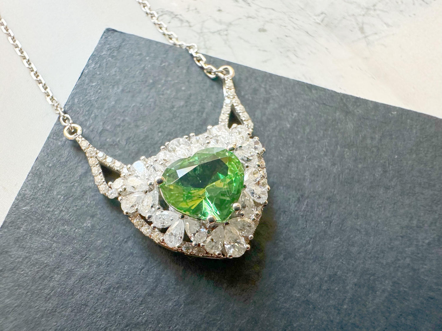 Natural Mint Green Tsavorite Pendant set in 18K White Gold with Moissanites, with Necklace