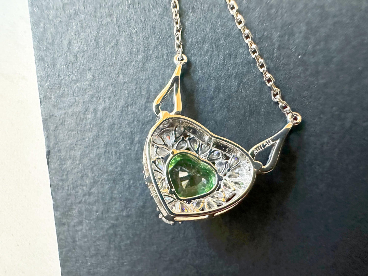 Natural Mint Green Tsavorite Pendant set in 18K White Gold with Moissanites, with Necklace