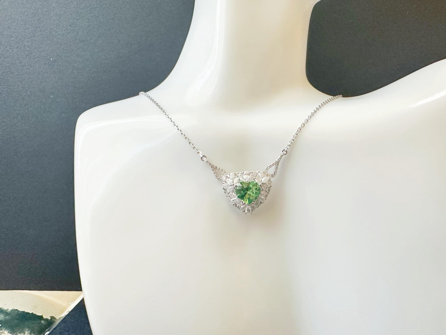 Natural Mint Green Tsavorite Pendant set in 18K White Gold with Moissanites, with Necklace