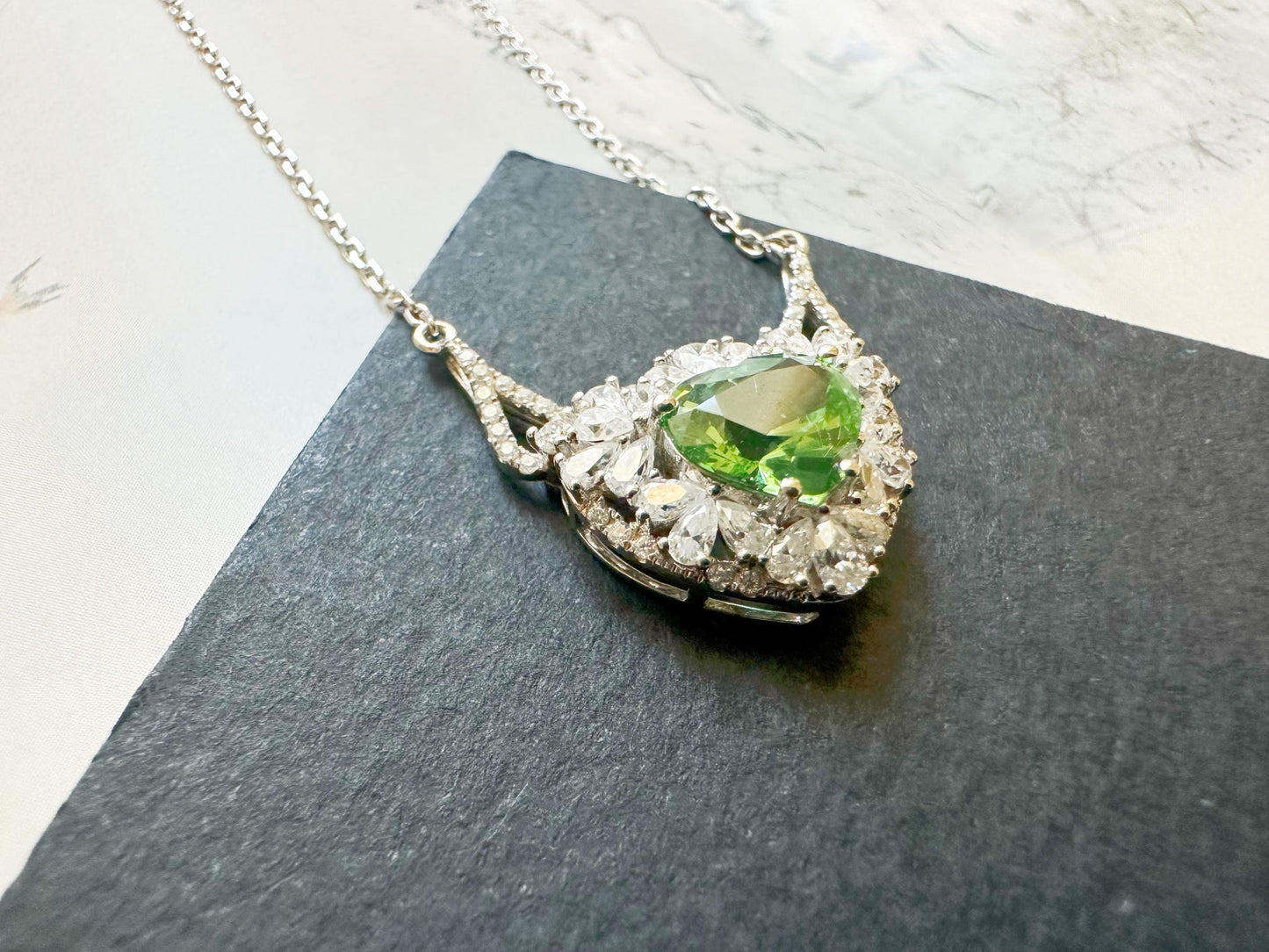 Natural Mint Green Tsavorite Pendant set in 18K White Gold with Moissanites, with Necklace