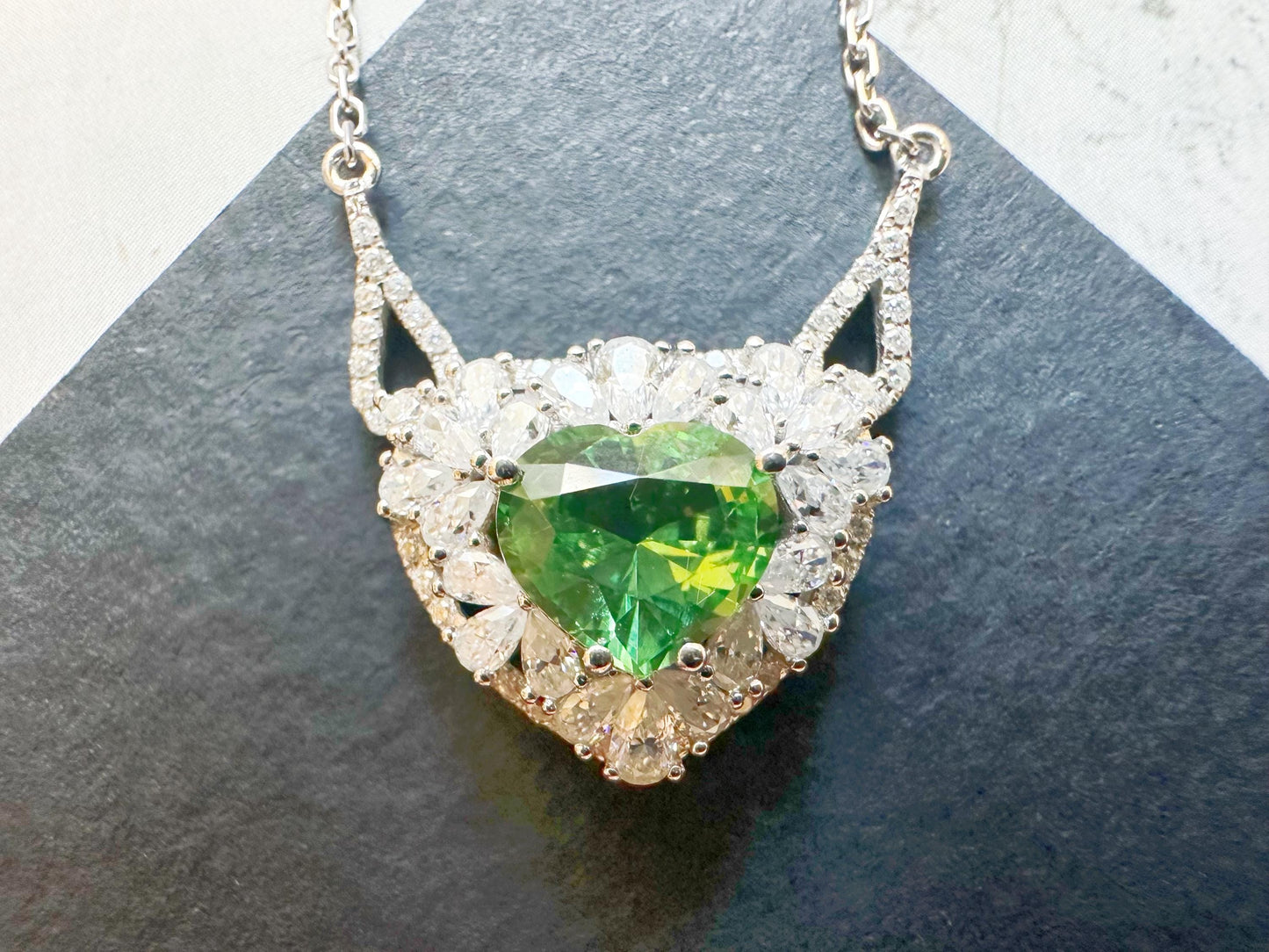 Natural Mint Green Tsavorite Pendant set in 18K White Gold with Moissanites, with Necklace