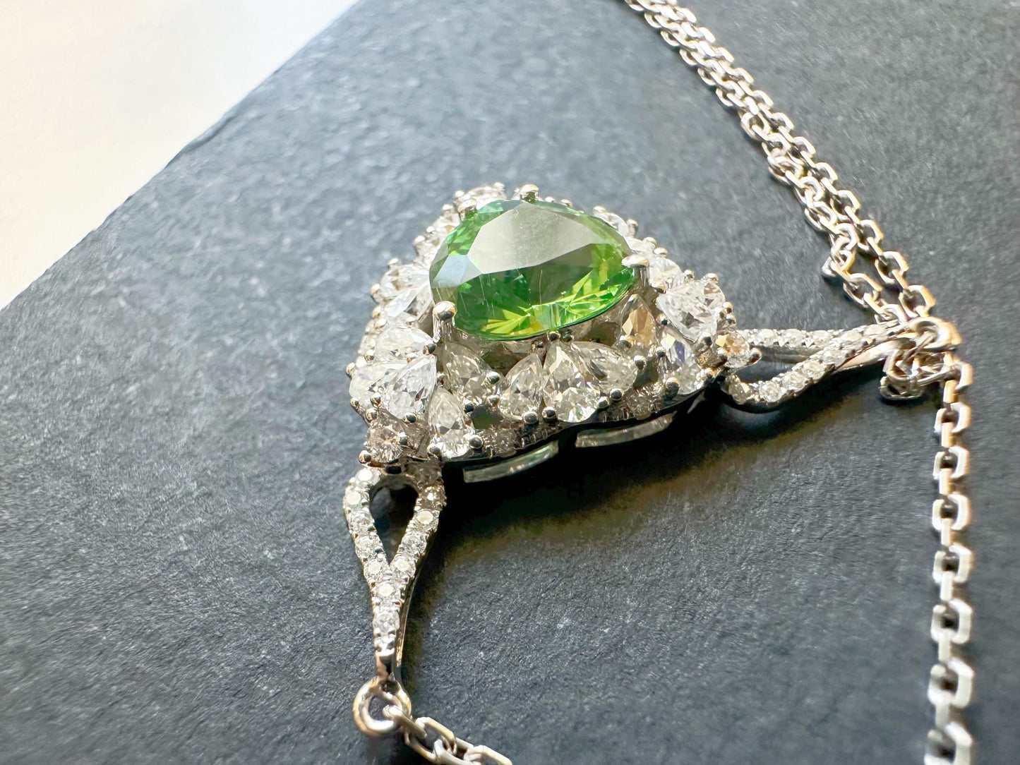 Natural Mint Green Tsavorite Pendant set in 18K White Gold with Moissanites, with Necklace