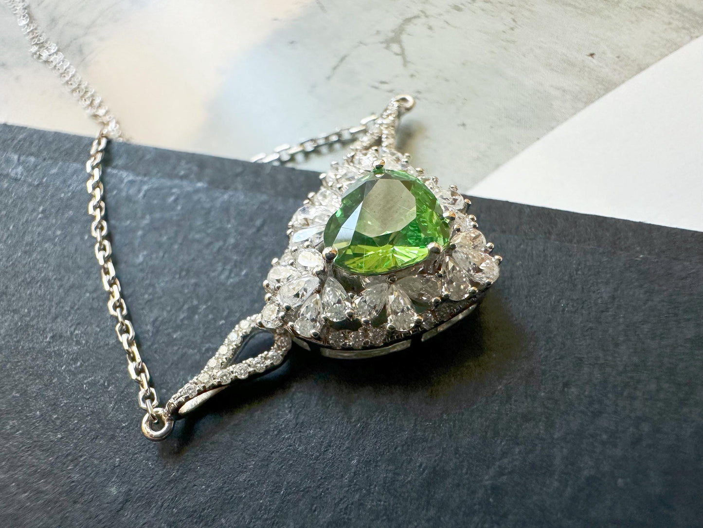 Natural Mint Green Tsavorite Pendant set in 18K White Gold with Moissanites, with Necklace