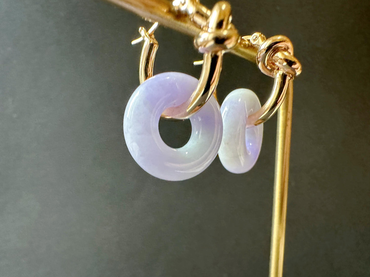 Natural Myanmar Lavender Jade Donut 18K Gold Loop Earrings, Two Way Versatile Wear Gold Knot Loop Earrings