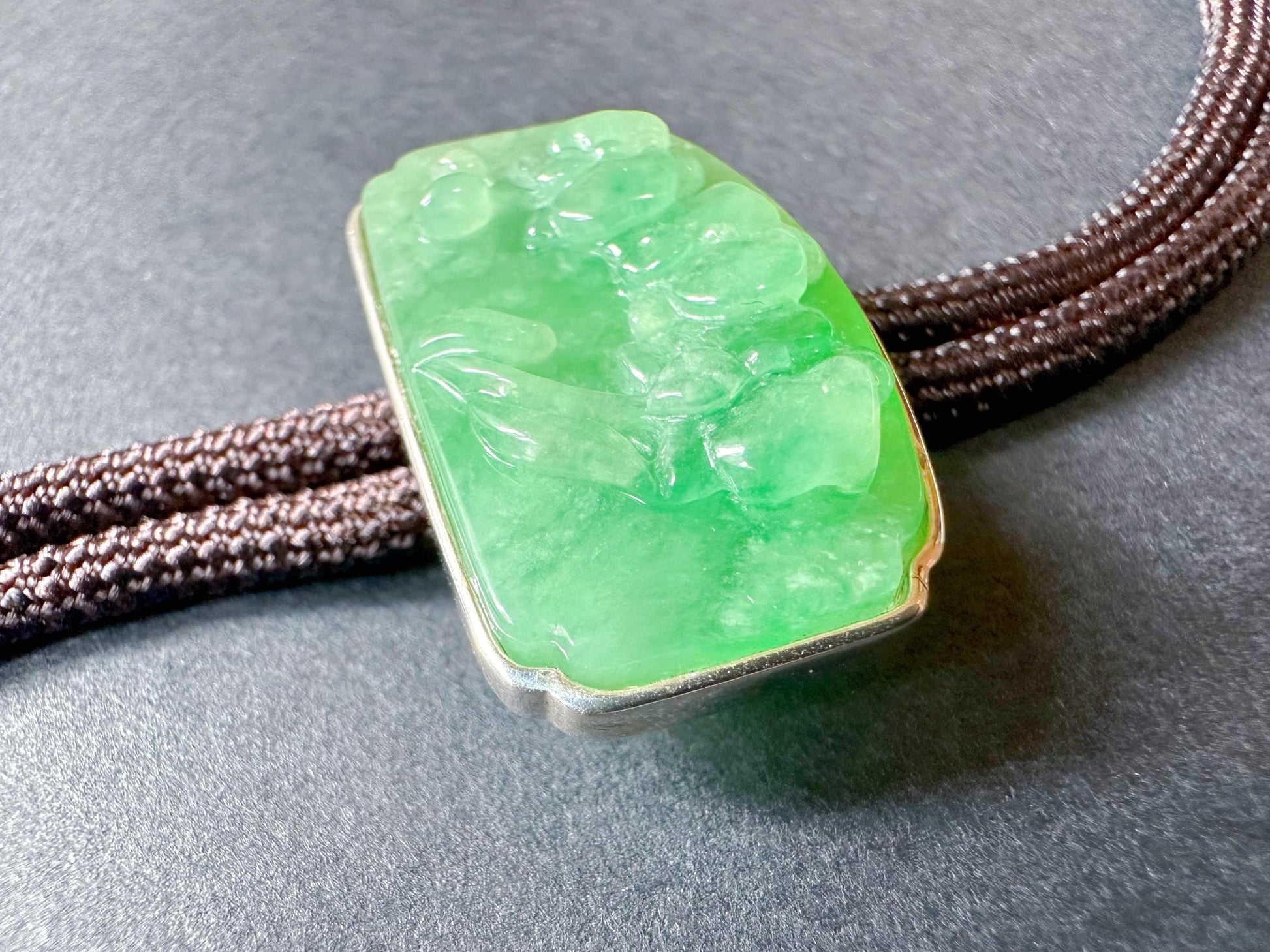 Natural Myanmar Vivid Green Jade Handcrafted Orchid Flower Pendant Necklace with Cord in 925 Silver