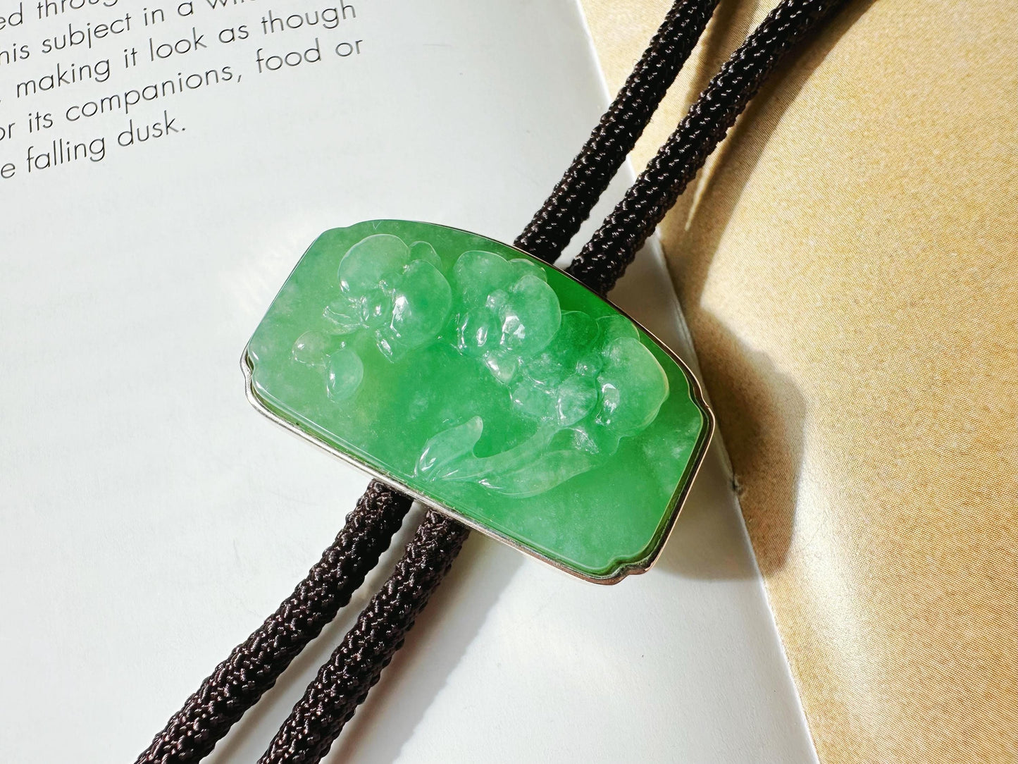Natural Myanmar Vivid Green Jade Handcrafted Orchid Flower Pendant Necklace with Cord in 925 Silver