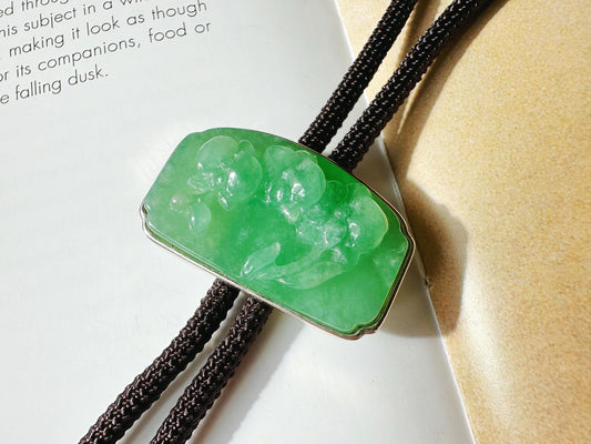Natural Myanmar Vivid Green Jade Handcrafted Orchid Flower Pendant Necklace with Cord in 925 Silver
