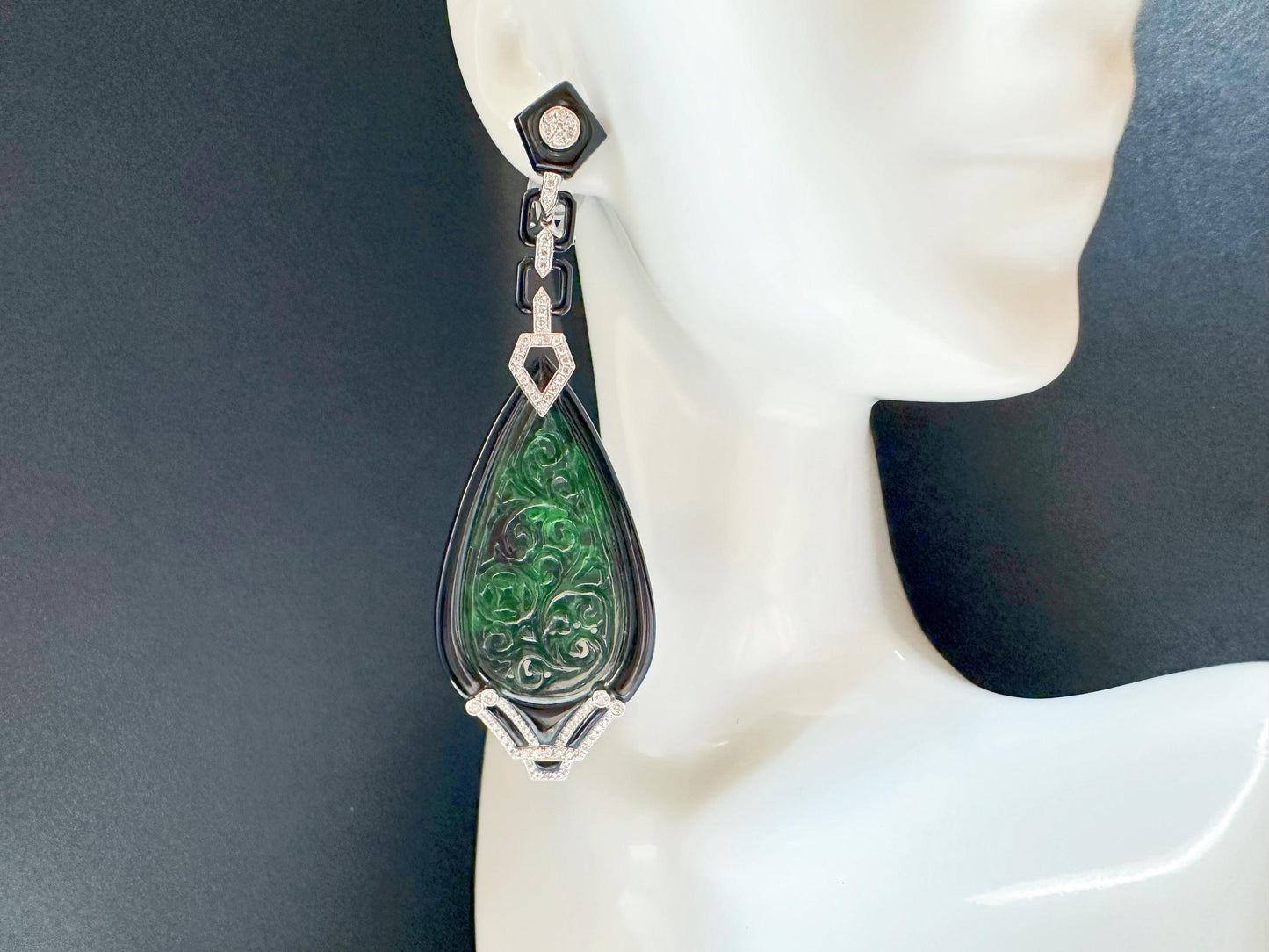 Natural Intense Green Jade Carved Earrings in 18K White Gold with Black Agate and Diamonds