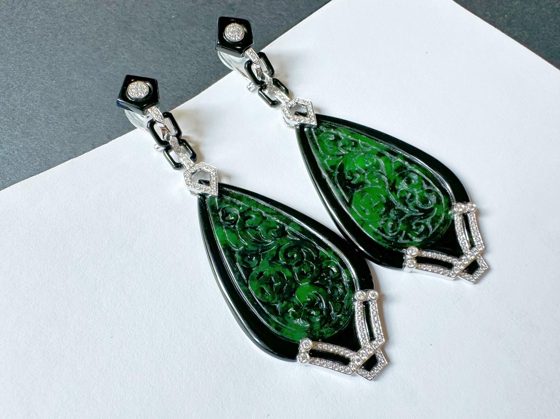 Natural Intense Green Jade Carved Earrings in 18K White Gold with Black Agate and Diamonds