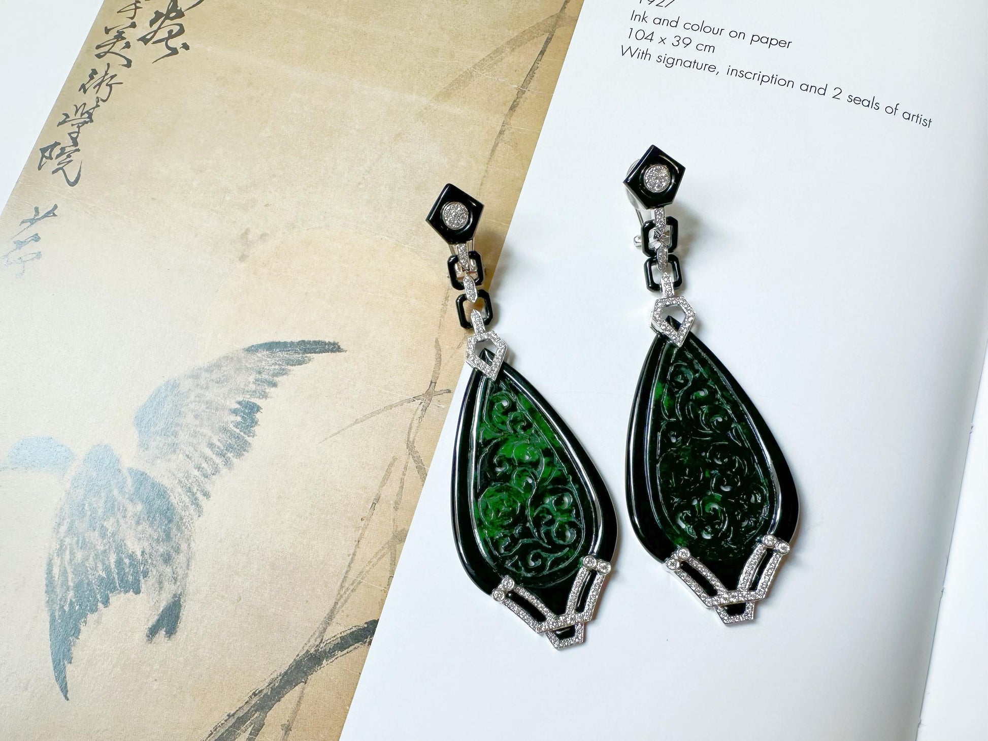 Natural Intense Green Jade Carved Earrings in 18K White Gold with Black Agate and Diamonds