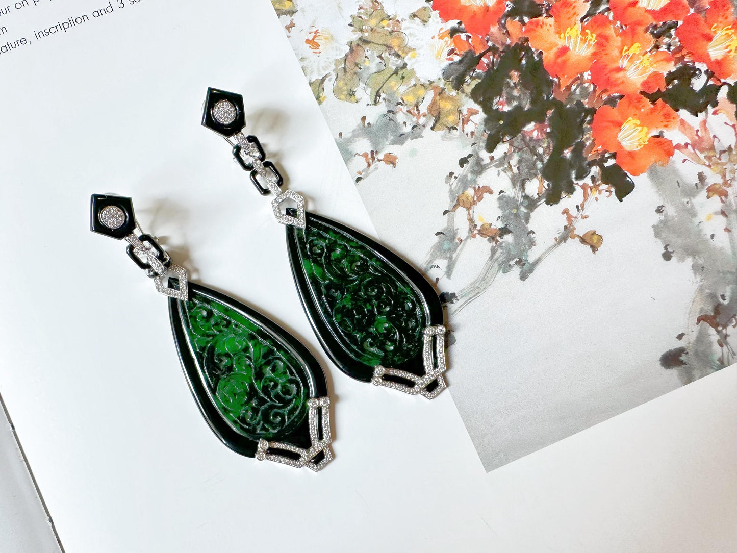 Natural Intense Green Jade Carved Earrings in 18K White Gold with Black Agate and Diamonds