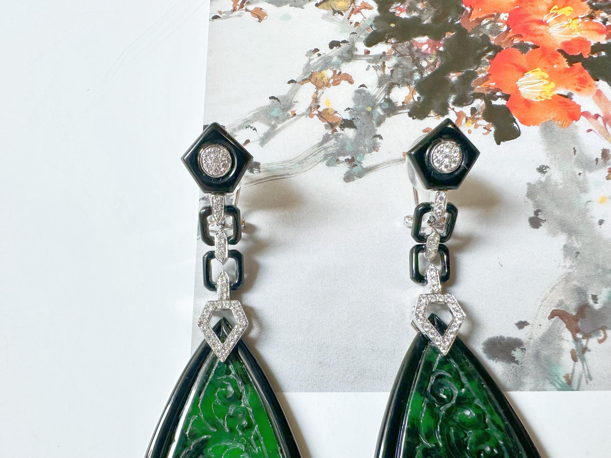 Natural Intense Green Jade Carved Earrings in 18K White Gold with Black Agate and Diamonds