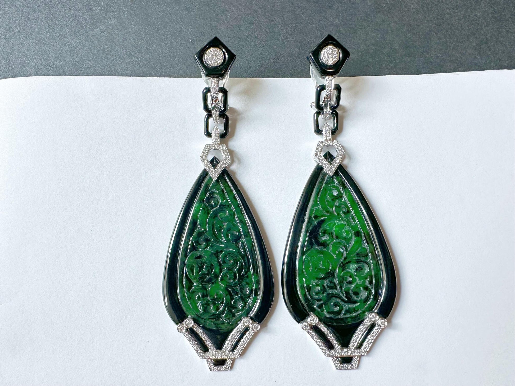 Art Deco Jade Carved Earrings with Black Agate and Diamond