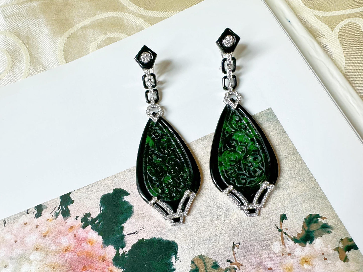 Natural Intense Green Jade Carved Earrings in 18K White Gold with Black Agate and Diamonds