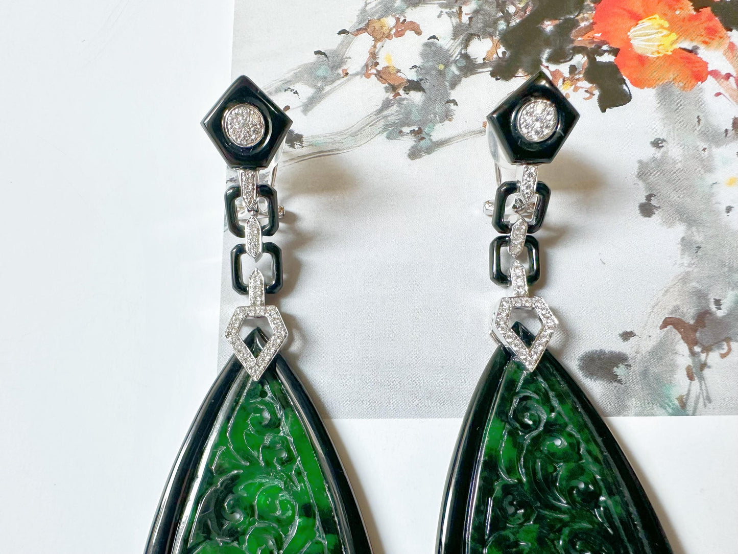 Natural Intense Green Jade Carved Earrings in 18K White Gold with Black Agate and Diamonds