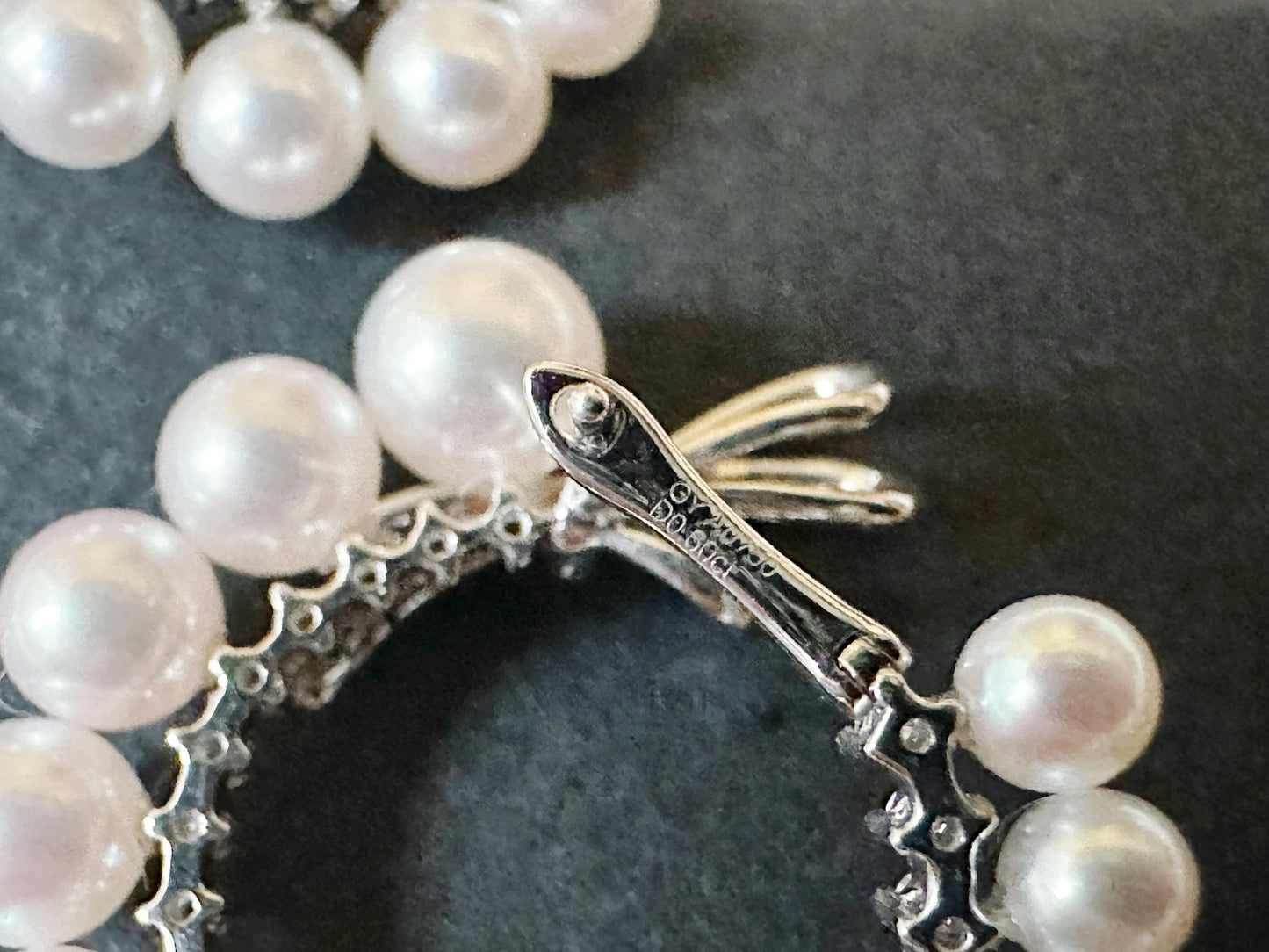 Natural Akoya Pearl Hoop Earrings: 18K White Gold Diamond Ribbon