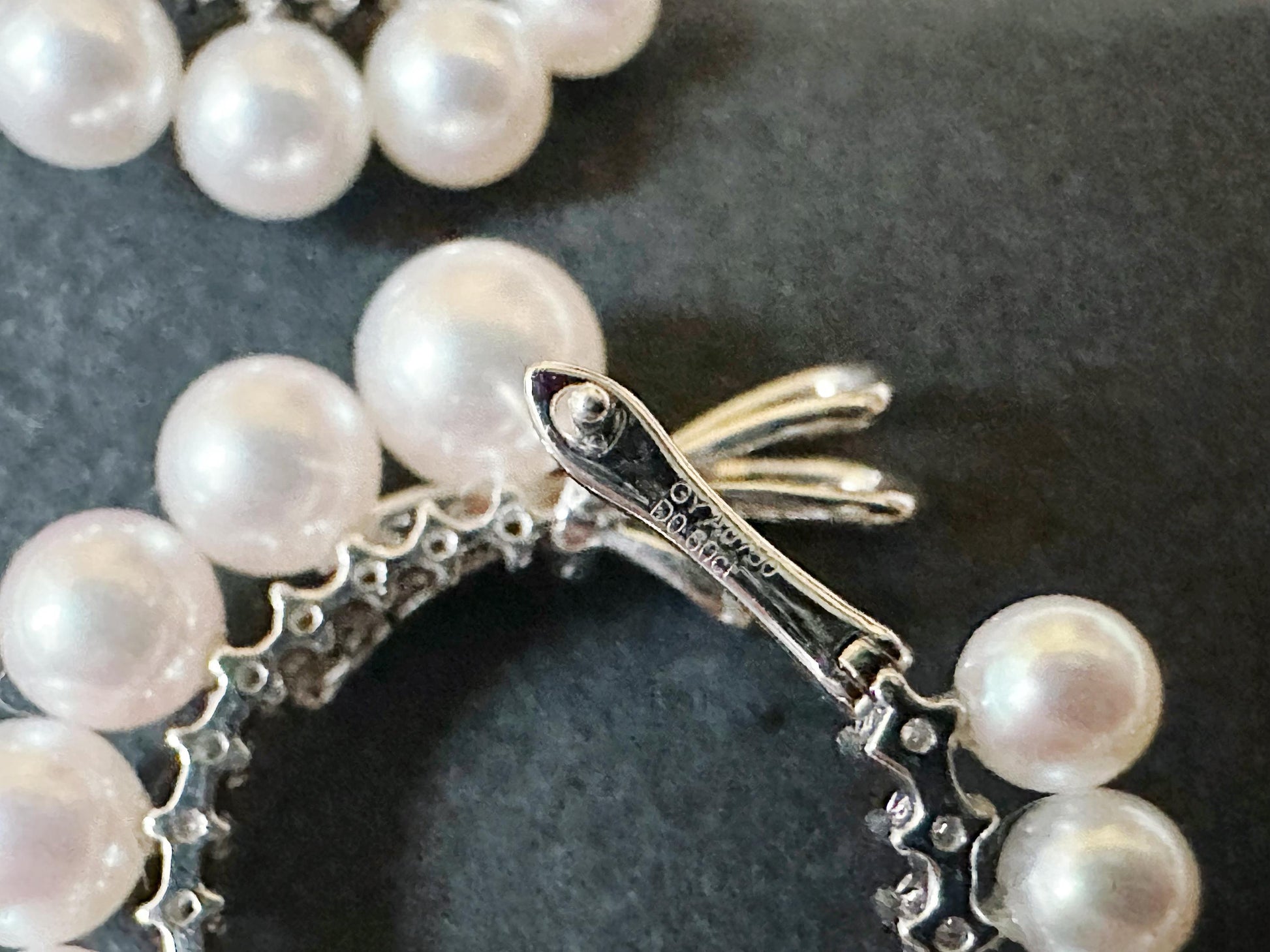 Natural Akoya Pearl Hoop Earrings: 18K White Gold Diamond Ribbon