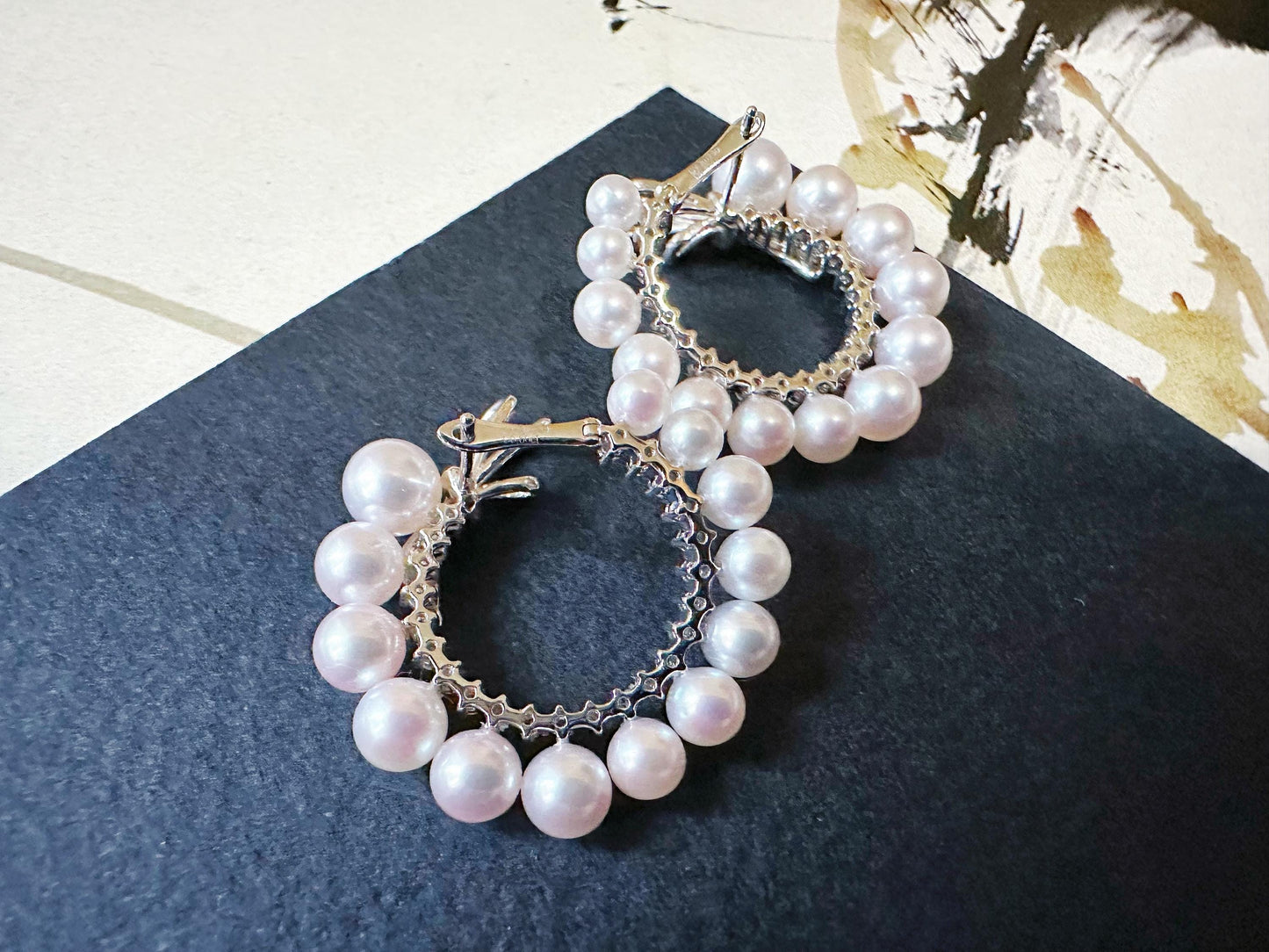 Natural Akoya Pearl Hoop Earrings: 18K White Gold Diamond Ribbon